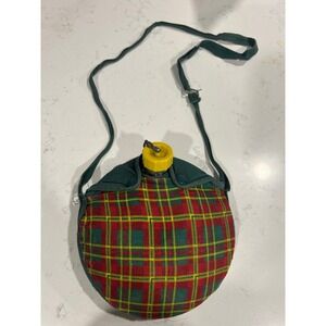 Vintage‎ Girl Scout Canteen Water Bottle Tartan Plaid Green Strap Yellow Cap